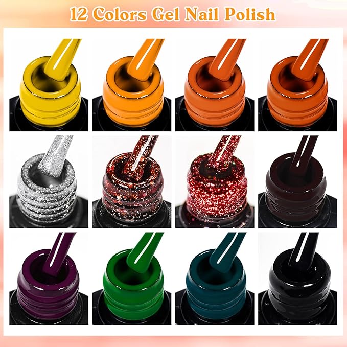 MEET ACROSS 12pcs Gel Nail Polish Set,Soak Off UV LED Lamp Gel Nail Polish Kit,Fashion Shimmer Nail Art Design Gifts for Women Manicure Salon (Autumn series)