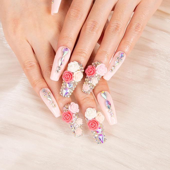 LOVFUL Press on Nails Rose Garden | Handmade with Full Covered Crystals | Reusable Full Cover Nails | Coffin Classic Regular 1.3 in | H107-S