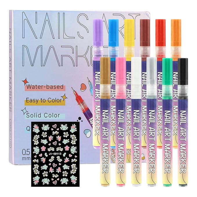 12 Colors Nail Art Pens Set, Nail Polish Pens Quick Dry Na il Polish Markers for DIY Na il Art Design, Acrylic Painting & Dotting, Manicure Tools for Beginners & Professionals
