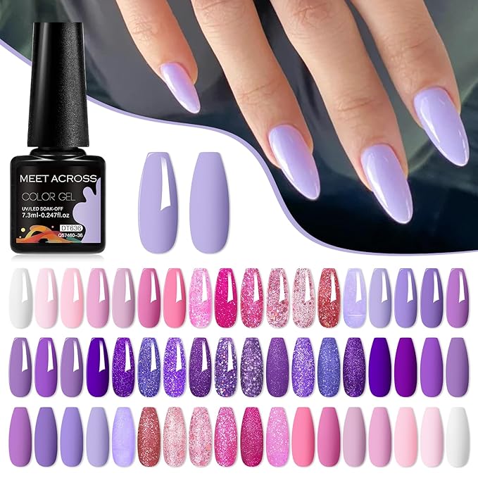 MEET ACROSS 30pcs Gel Nail Polish Set,Soak Off UV LED Lamp Gel Nail Polish Kit,Fashion Shimmer Nail Art Design Gifts for Women Manicure Salon (Pink Purple)