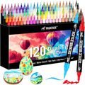 120 Colors Acrylic Paint Markers, Dual Tip Fine Tip and Brush Tip Pens Contain 24 Metallic Color for Stone, Wood, Calligraphy, Canvas, Ceramic, Metal, Glass, Rock Painting, DIY Crafts