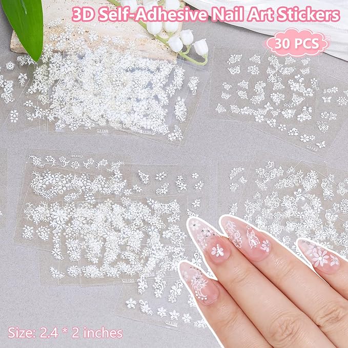 20 Nail Art Brushes Kit with Striping Tapes, Gold Flakes, Pearls, Rhinestones, Glitter & Flower Stickers for Gel Nails DIY Manicure Set (White)