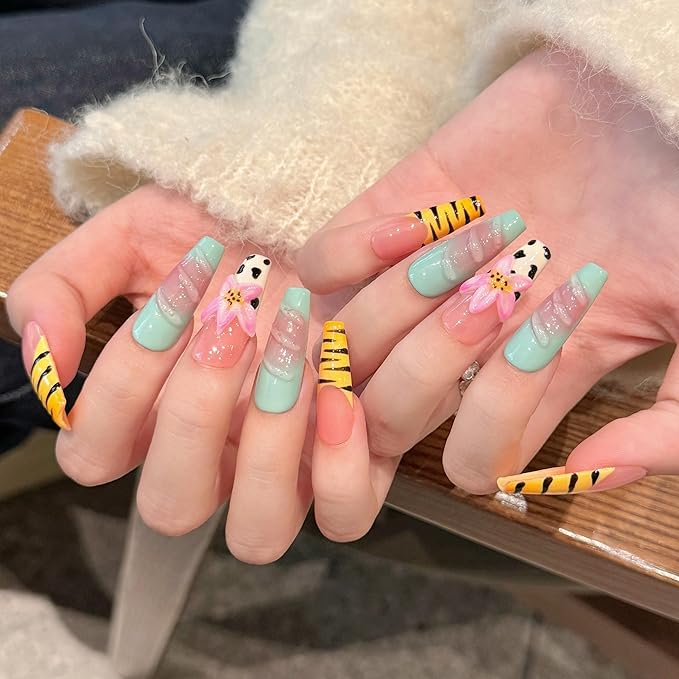 Long Coffin Press On Nails Handmade Multi-Layer Gel Fake Nails - 3D Lotus Flowers & Zebra Print, Tiger Stripe French Tip Glossy Thick Acrylic Nails (Zebra with Lotus, M)