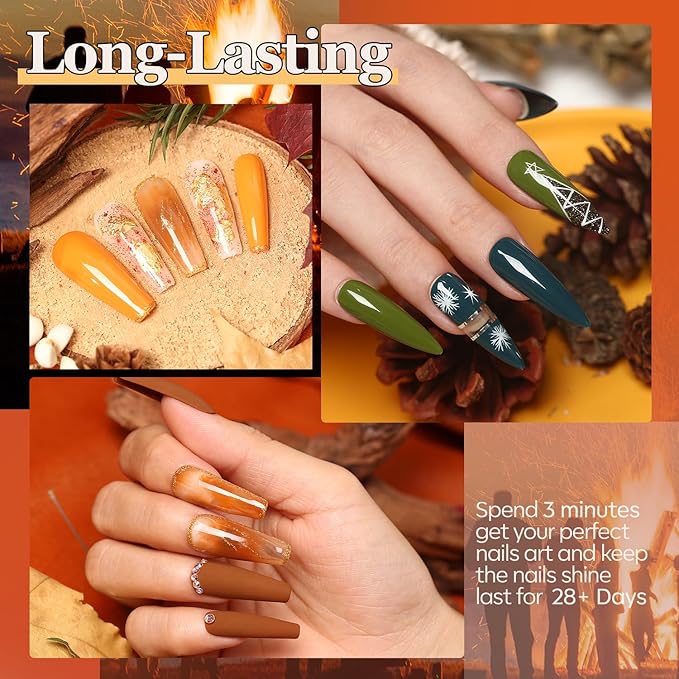 modelones 24PCS Fall Gel Nail Polish Kit, Red Brown Green Yellow Orange Gel Polish Set Soak Off Nail Polish Kit with Glitter, Glossy and Matte Top Base Coat DIY Manicure at Home