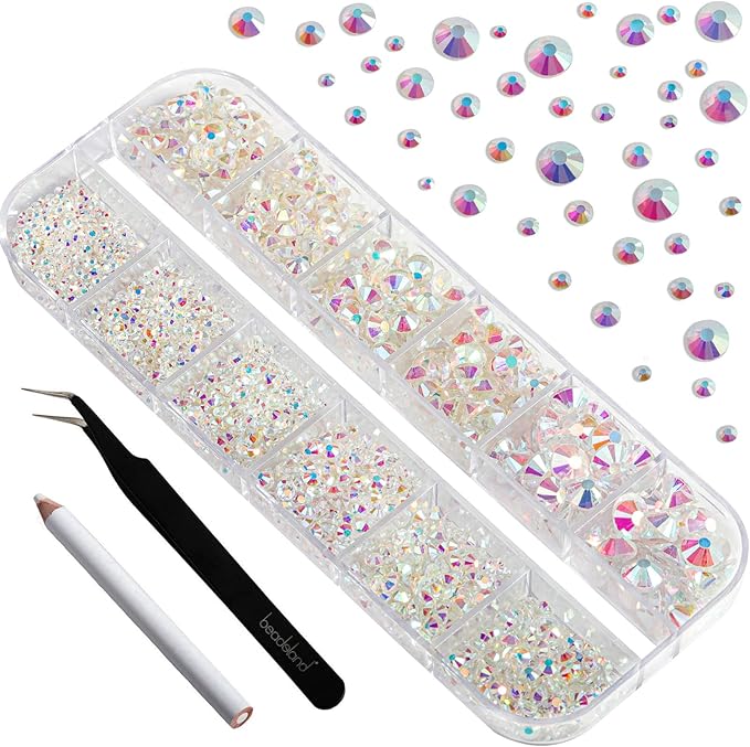 Beadsland Rhinestones for Makeup,8 Sizes 2500pcs Crystal Flatback Rhinestones Face Gems for Nails Crafts with Tweezers and Wax Pencil,Transparent AB,SS4-SS30