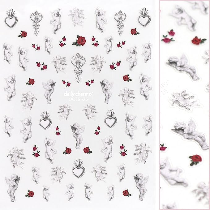 Daily Charme Self-Adhesive Nail Sticker Bundle Cupid Nail Art Stickers Decals Rose Flowers Love Heart Cupid Nail Art Design Stickers Valentine's Day Nail Decorations for Women DIY Manicure