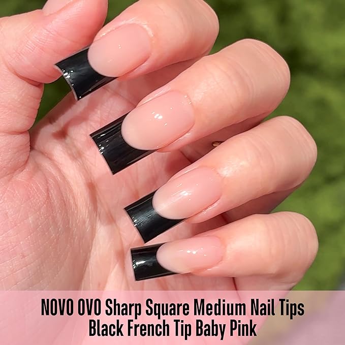NOVO OVO Soft Gel Nail Tips Square Medium - Black French Tip on Baby Pink Base, 180Pcs Full Cover False Nails for Gel X Extension, Sharp Shape Pre-Designed Press on Nails for DIY Home Salon (15 Sizes)
