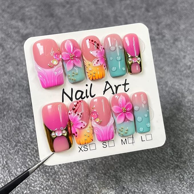 10Pcs Press on Nails Medium Handmade Square Fake Nails with 3D Flower Designs Purple Ombre French Tip False Nails Luxury Glossy Acrylic Nails Press Ons Reusable Stick on Nail for Women (Size M)