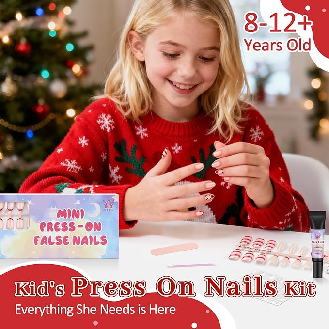 16 Sizes Press on Nails Kit for Kids - 32 Pieces French Almond Fake Nail Tips for Girls 8-12 Years Old with Jelly Nail Adhesives & No-Lamp Nail Glue, Birthday Christmas Easter Gifts Girl Stuff