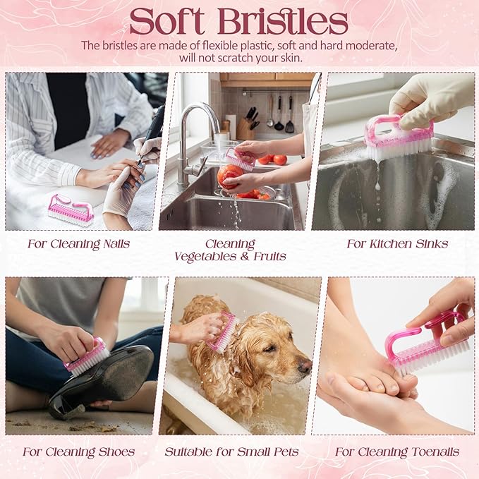 EBOOT 4 Pieces Handle Plastic Nail Brush Nail Hand Scrubbing Cleaning Brush (Pink)