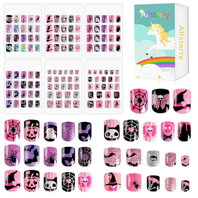Allstarry Kids Halloween Nails, 6 Pack Children Press on Nails Pre-glue Full Cover Glitter Pink Purple Spider Bat Pumpkin Short False Nail Kits Halloween Gifts for Kids Little Girl Nail Art Decoration