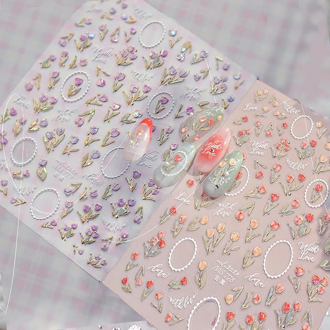 Tulip Nail Art Stickers Flower Nail Decals Red Purple with Shiny Design 5D Embossed Self Adhesive Plant Nail Art Decals for Women Girls Kid Manicure Decoration Accessories
