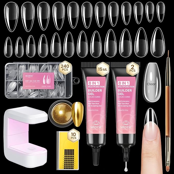 MIZHSE Gel Nail Kit, Fake Nails Long Almond, 8-in-1 Builder Gel for Nails & Portable Mini U V Light, 240Pcs Half Matte Nail Tips for Nail Extension Home DIY Nail Salon