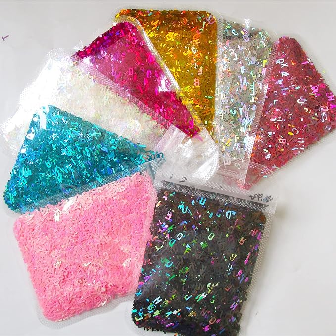 LoveOurHome 8 Colors Holographic Letter Chunky Glitter Flakes Number Shaped Confetti Sparkles Nail Sticker Manicure Decor for Resin Crafts Nails Art Makeup