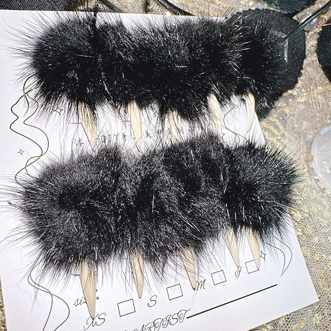 Halloween Press on Nails Luxury Medium Stiletto Handmade Eagle Claw Unique Reusable ABS Material Curved Fake Nails Dragon Cat Claw False Nails with Black Fur Glossy Glue on Nail Thick Acrylic Nail(M)