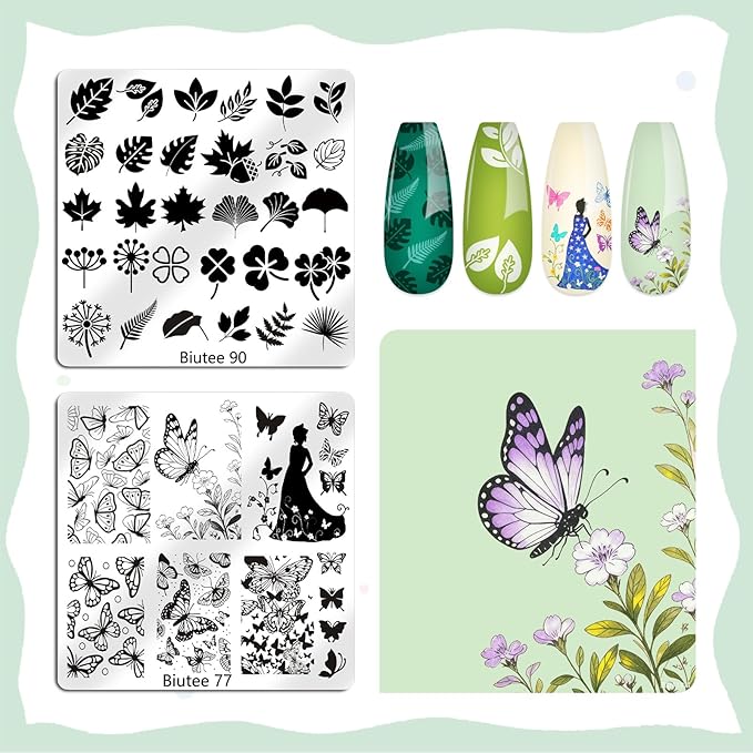 Biutee Nail Stamping Plate 15PCS Nail Stamper Kit Nail Art Stamping Plates Set with Nail Stamper, Scraper & Storage Bag, Nail Stamping Kit Star Bowknot Love Butterfly Leaf Design Template