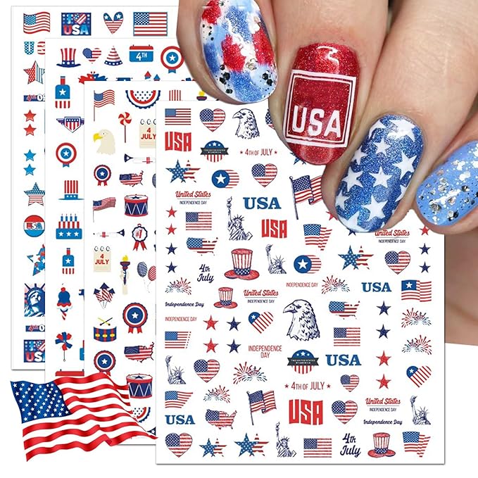 12 Sheets 4th of July Nail Stickers, Independence Day Patriotic Nail Decals, 3D Design Self-Adhesive Memorial Day USA Flag Star Nail Art