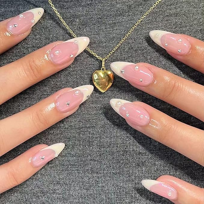 Press-On Nails, Medium-Length Almond Shape Pearl White False Nails, Inlaid with Pearls, Showing the Noble Temperament of Women and Girls False Nails - 24 pcs (with Free Tool Kit)