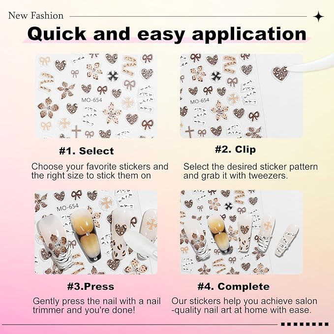 6 Sheets Leopard Print Cross Nail Stickers for Nail Art, Coquette Nail Decals,Leopard Flower Star Heart Butterfly 3D Self-Adhesive Nail Art Stickers Design for Women DIY Manicure Decoration YX1228
