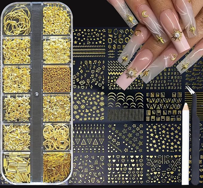 Gold Nail Charms Nail Art Kit with 30 Sheets Gold Nail Stickers 3D Star Moon Nail Charms Self-Adhesive Nail Decals Gold Nail Art Tools Kit Nail Supplies for Women Nails Manicure Nail Art Decoration
