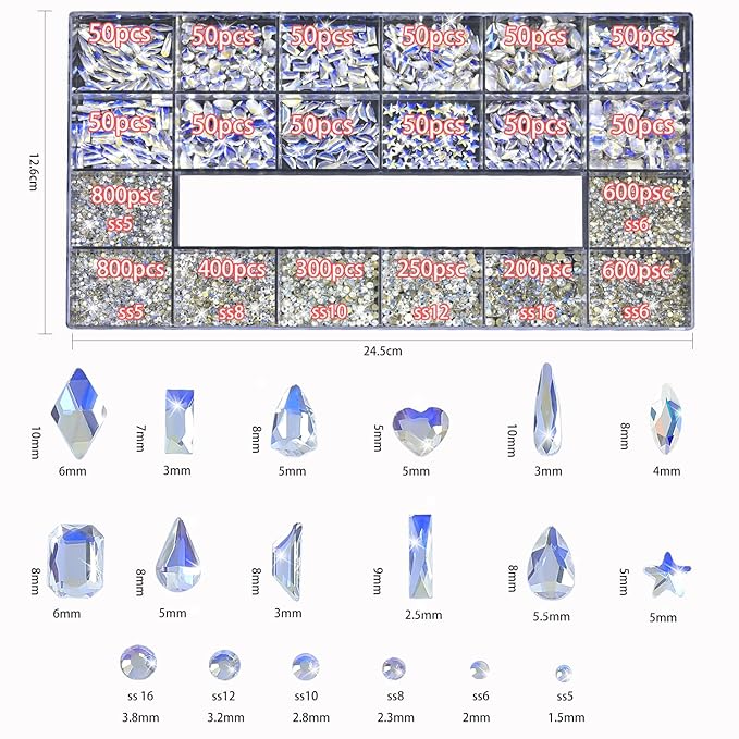 HNUIX Nail Rhinestones - 4550pcs Crystal Blue Moonlight, Multiple Shape Gems, Flatback Rhinestones, with Kit and Glue Gel, for Nail Art