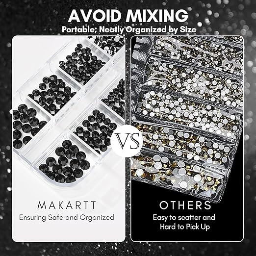 Makartt, 1110 Pcs Rhinestones Set, Black, Round, Multi-Size, Glass or Crystal, for DIY Crafts, Nail Art Supplies Accessories, Christmas Gift