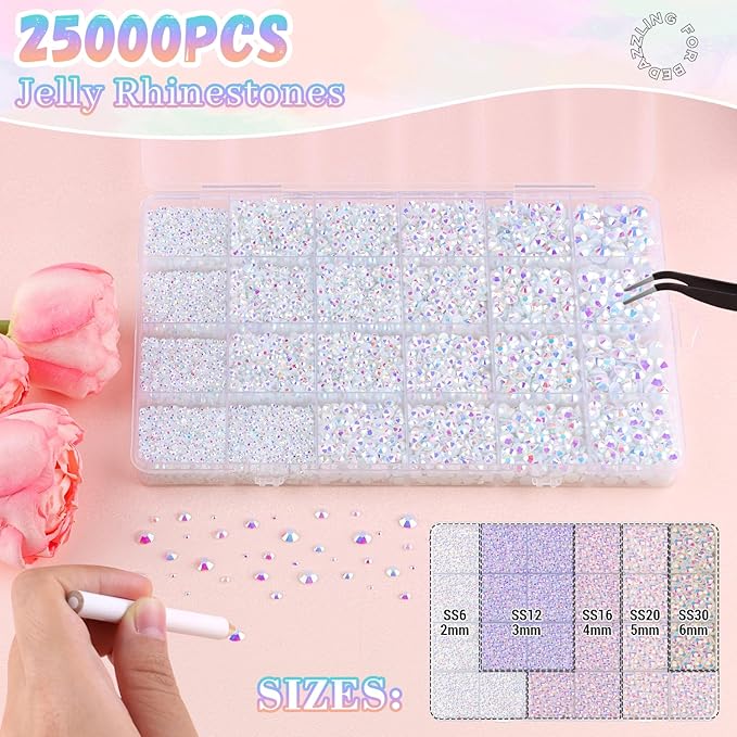 25000Pcs White ABRhinestones for Bedazzling with B7000 Jewelry Glue, Non Hotfix Flatback Gems, Crystal Resin Rhinestones for Crafting Crafts Clothing Tumblers Mugs Shoes Fabric Decor Nail Art