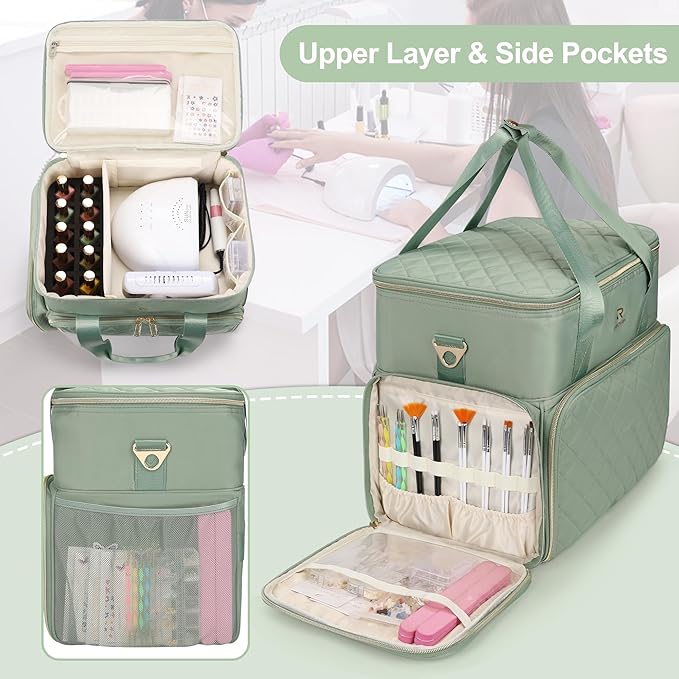 Relavel Nail Polish Organizer, Double Layer Nail Bag Holds 80-100 Bottles (15ml/0.5fl.oz) & Nail Lamp Nail Kit Storage Case, Extra Large Travel Nail Supplies Shoulder Bag for Manicure Tools (Green)