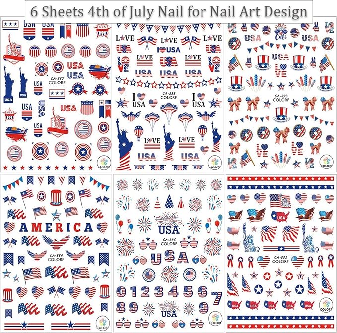 6Pcs Independence Day Nail Stickers for Nail Art - Celebrate 4th of July Nail Decals 3D Self-Adhesive USA Flags Heart Star Bow Eagle Design Firework Sticker for Memorial Day DIY Patriotic Nail Decor