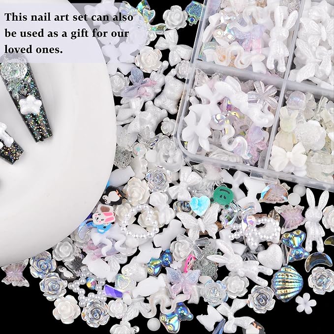 850 Pieces 3D Butterfly Rose Flower Bow Rabbit Bear Nail Charms Kit with Nail Art Rhinestones Pearls Crystal Gems Nail Slices for Manicure DIY Crafts Jewelry Accessories (White)