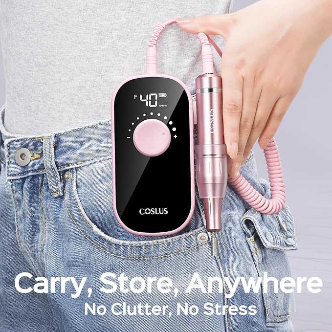 COSLUS Professional Rechargeable Electric Nail Drill 40000 RPM, Portable Nail File with Storage Stand for Acrylic Gel Polishing Removing - Easy to Use for Women, Manicure at Home DIY or Salon, Pink