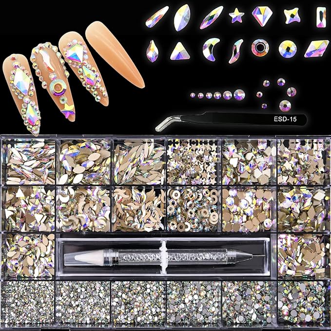 Nail Rhinestones Kit,Crystal Rhinestones for Nail Decoration Nail Art Supplies,Glass Gems Stones for Nail DIY Crafts Clothes Shoes Jewelry(700 Diamonds + 3480 Flat Rhinestones),Iridescent AB
