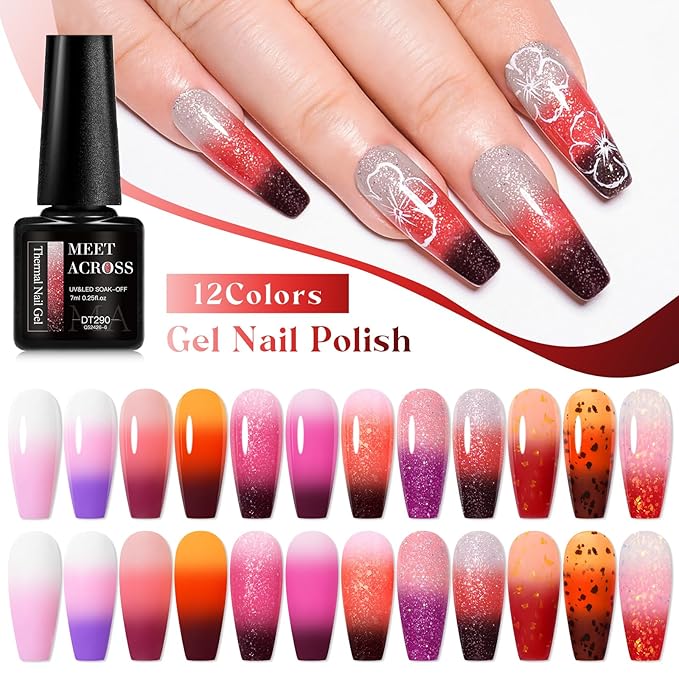 MEET ACROSS Color Changing Gel Nail Polish Set, 12 Temperature Mood Changing Colors Pink Orange Purple, Soak Off UV Light Cure Gel Polish for Salon and Nail Art DIY at Home
