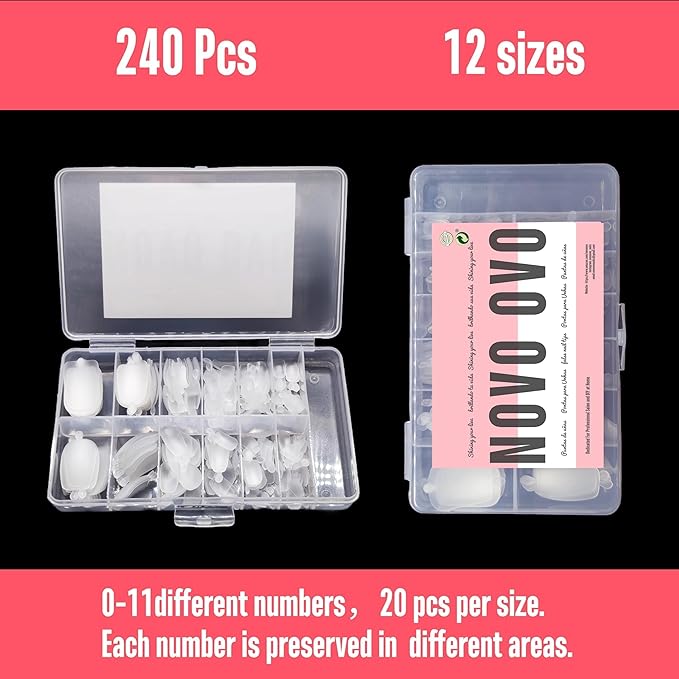 NOVO OVO Long Toe Nail Tips Press on, Curved Full Cover Longtoes Claw, Clear Pre-etched Matte Pre-filed Nail Extension for Pedicure Acrylic, Tapered Square Soft Gel Toenails x 12 Sizes 240pcs