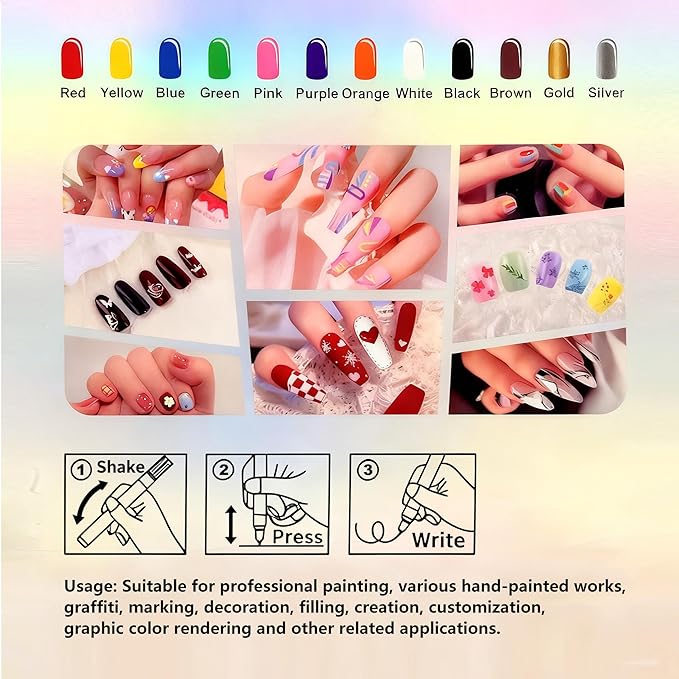 12 Colors Nail Art Pens Set, Fine Tip Nail Art Markers For 3D Drawing, Quick Dry Nail Polish Pens Kit For Women Girls DIY Manicure Nail Art Tools (0.5 mm)