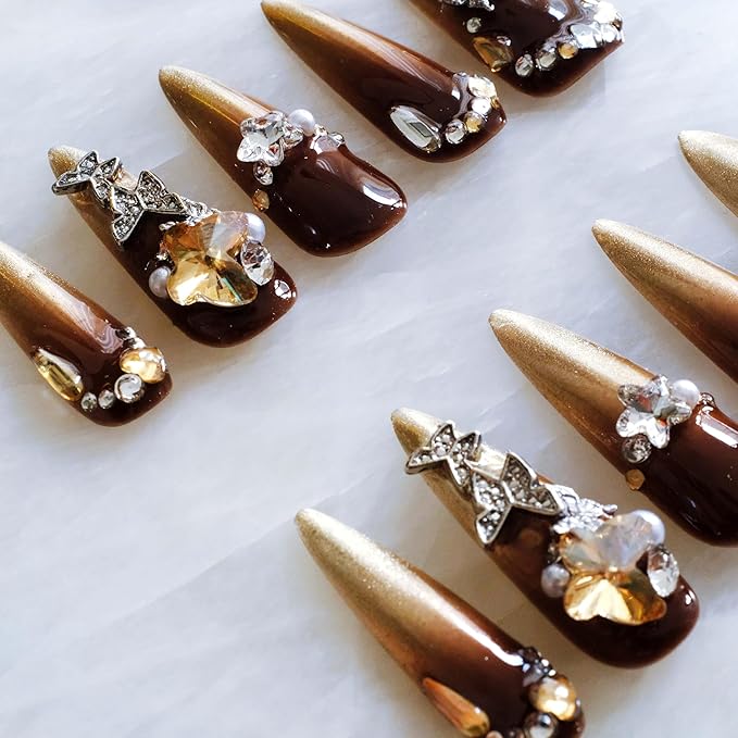 Luxury Long Stiletto Press-On Nails, Brown and Gold Stiletto with 3D Rhinestones and Pearls, Handmade False Nail 10 Pieces (XS, LS)
