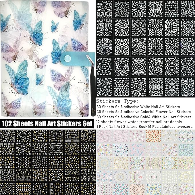 Zoance 102 Sheets Nail Art Stickers & Storage Book,5200 Pieces 3D Self-Adhesive White Floral Nail Stickers with Rhinestones Designs,Multicolor Laser Gold Nail Decals for Women DIY Manicure Decorations