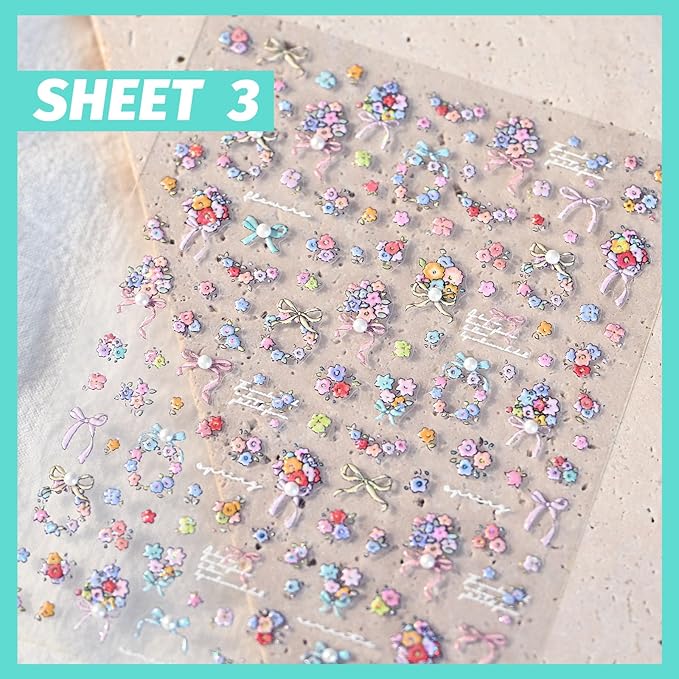 Spring Bouquet Nail Art Stickers, Flower Floral Rhinestone Spring Summer Nail Decals Design, Self-Adhesive, Nail Accessories & Supplies 3 Sheets
