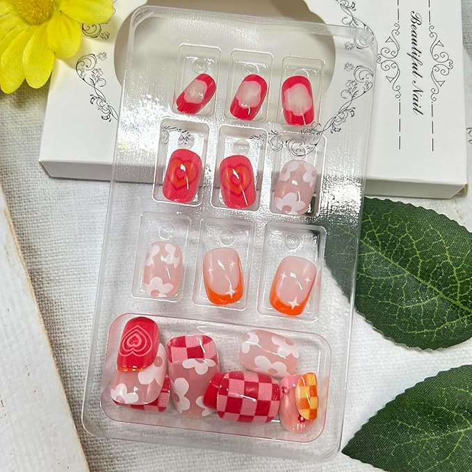 Flower Press on Nails Short Square Fake Nails with Heart Checkered Design Cute Floral False Nail Spring Stick on Nail for Women 24Pcs