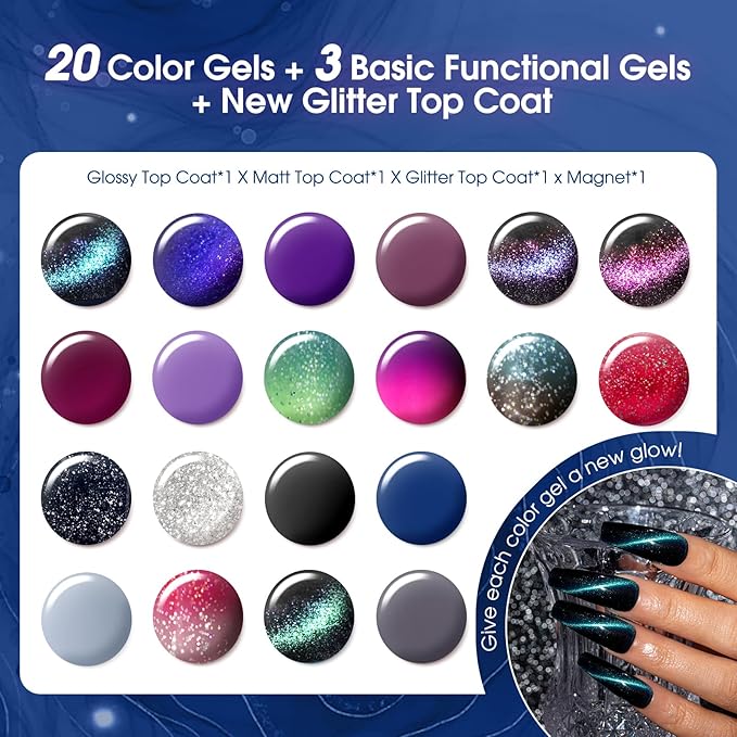 ROSALIND 24PCS Cat Eye Gel Nail Polish Set with Glitter Glossy Matte Top Coat Base Coat, Color Changing Glitter Shinny Effect Magic Gel Polish Set Soak Off Nail Gel Polish Nail Art