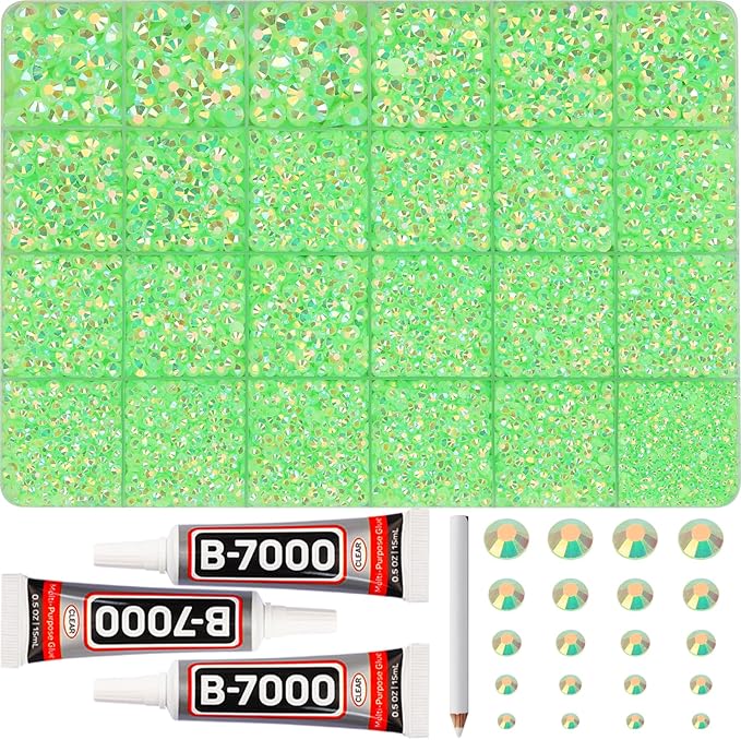 31000Pcs Lime Green Resin Rhinestones for Bedazzling, 2-6mm Mixed Sizes Neon Green Rhinestones, Bedazzled Flatback Gems Crystal Jewels Diamonds Bedazzle Set with Glue for Crafting Clothes Crafts