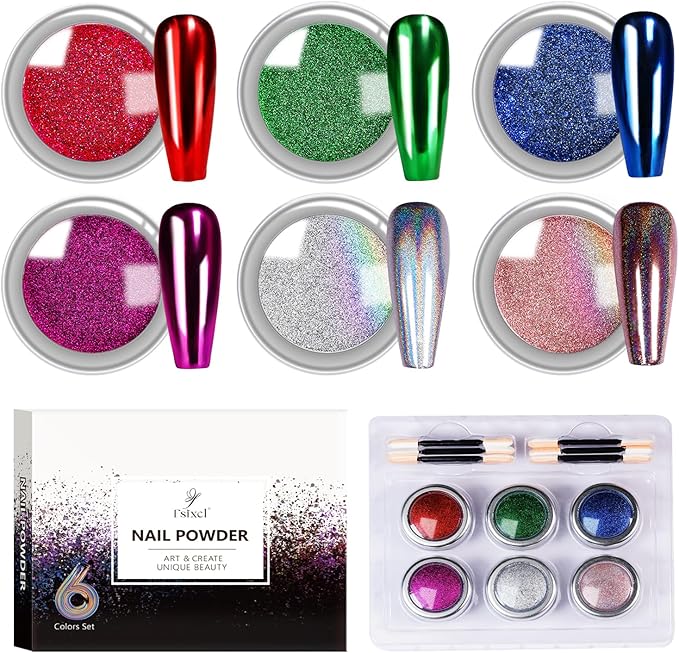 6 Colors Set 0.5g/Jar Chrome Nail Powder Holographic Metallic Mirror Effect Pigment Dust for Gel Nail Art Manicure Decoration