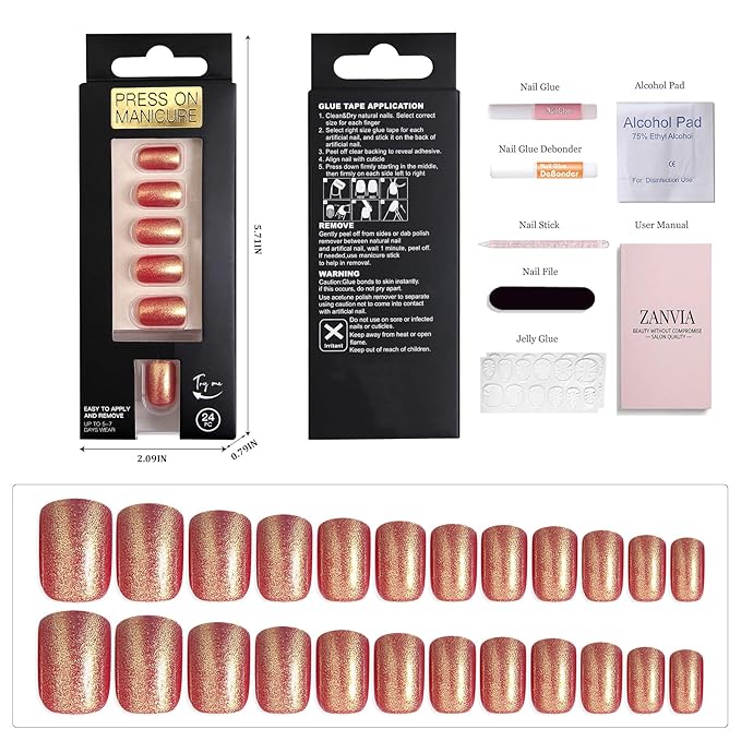 Red Short Square Press On Nails - Gold Glitter, Classic Red With Fine Gold Sparkle, Delivers a Clean, Elegant Look With Lasting Visual Impact, 24 Nails in 12 Sizes with Glue