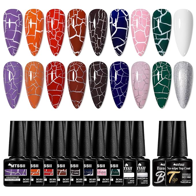 MTSSII 12pc Crackle Gel Nail Polish Set - 8 Colors, Amazing Crackle Effect, Long-lasting, UV LED Lamp Needed