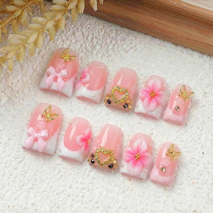 10Pcs Pink Press on Nails Short Handmade Duck Fake Nails with 3D Flower and Charms Designs French Tip Nails Press Ons Sparkly Full Cover Artificial False Nails for Women Manicure (Size M)