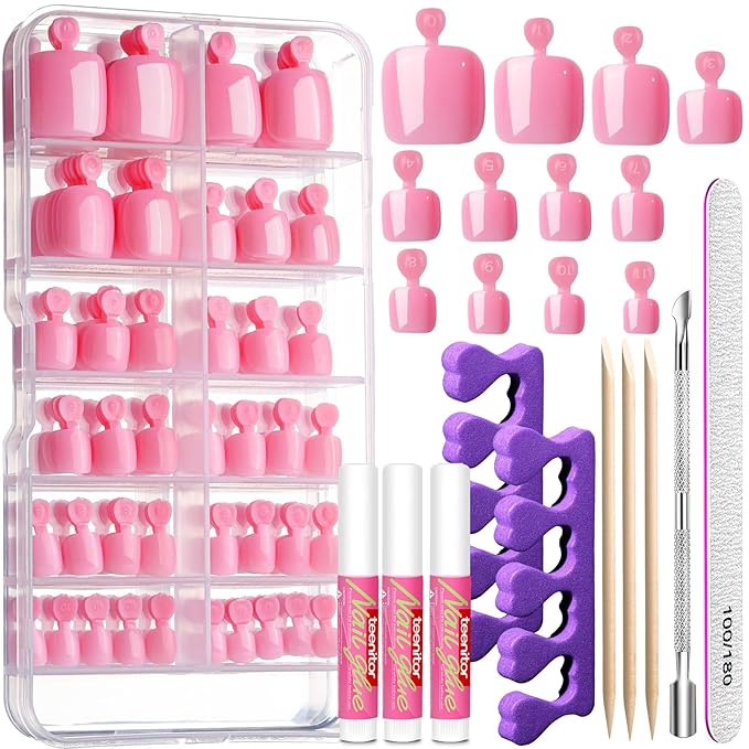 Teenitor Press on Toenails for Women with Glue, 120cps Sakura Pink Toe Nail Press ons Fake Toe Nails Tips, Toe Press on Nails Short Square Toenail Press Ons, Acrylic Toe Nail Kit