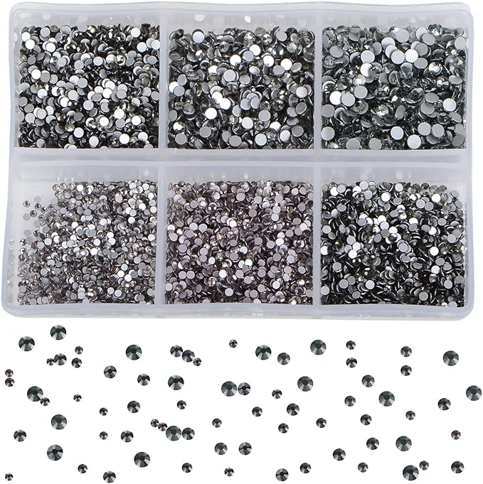 Bymitel 7200 Pieces 6 Mixed Sizes Glue Fix on Glass Rhinestones Round Crystal Gems Flatback for DIY Jewelry Making with one Picking Pen(6-Sizes 7200PCS, Black Diamond)