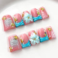 Luxury Press on Nails Short Duck Handmade 3D Unique Reusable ABS Material Fake Nails French Tip False Nails with Designs Flower Pearls Shell Blue Glossy Glue on Nail Thick Acrylic Nail(S)