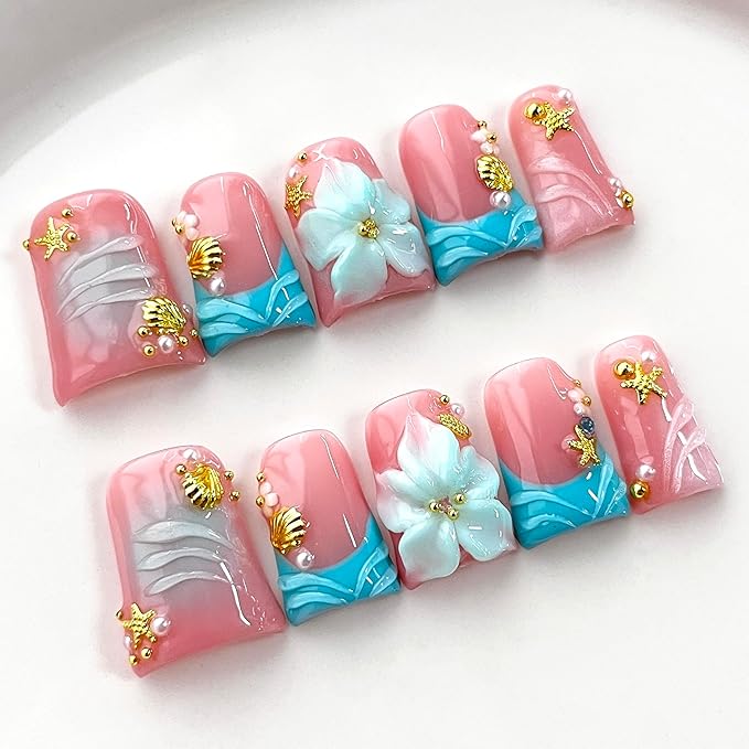 Luxury Press on Nails Short Duck Handmade 3D Unique Reusable ABS Material Fake Nails French Tip False Nails with Designs Flower Pearls Shell Blue Glossy Glue on Nail Thick Acrylic Nail(S)