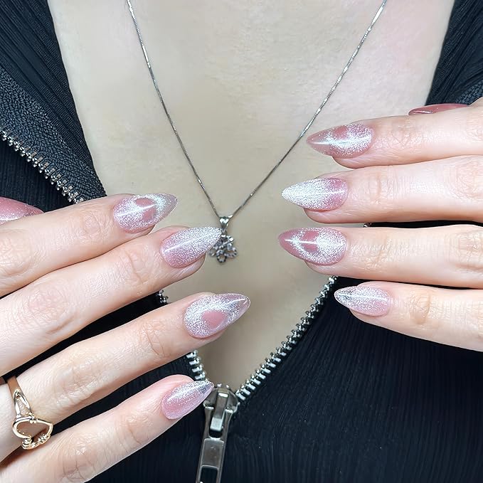 Press On Nails Short Almond Cat Eye Jelly Pink|The Heart will Sparkle as You Move.Reusable Soft Gel Nails in 15 Sizes -30 Nail Kit with Glue|Designed in L.A, Handmade in Vietnam| Whisper Heart